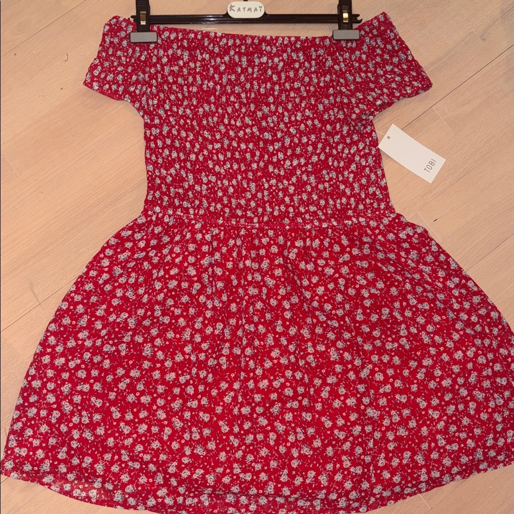Off-the-shoulder Red Floral Mini Dress